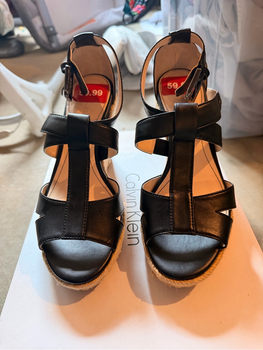 Calvin Klein Black Leather T-Strap Espadrille Wedge Sandals